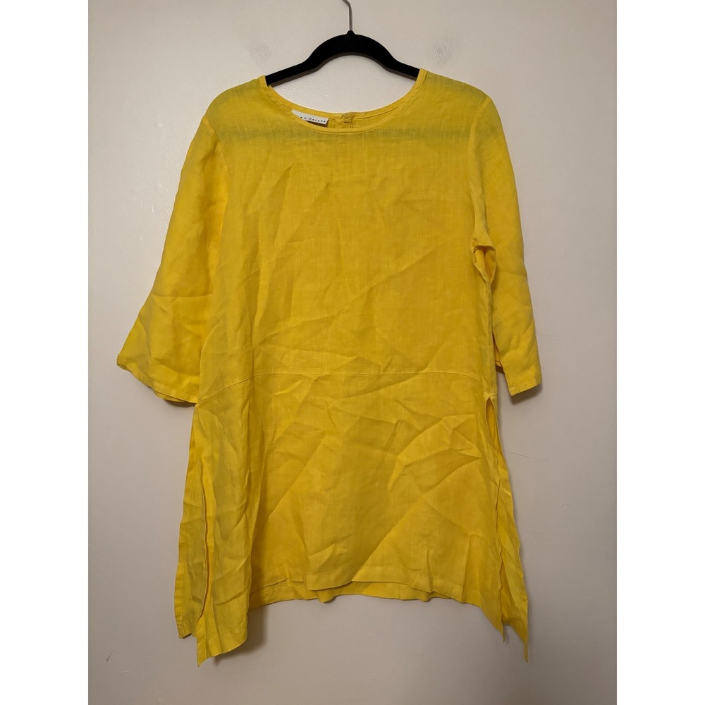 Bryn Walker Yellow 100% Linen Tunic Top Oversized 3/4‎ Sleeve Side Slit Small